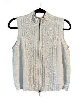 Christopher & Banks Ramie Cotton Cable Knit Zip Sweater Vest Ivory Medium